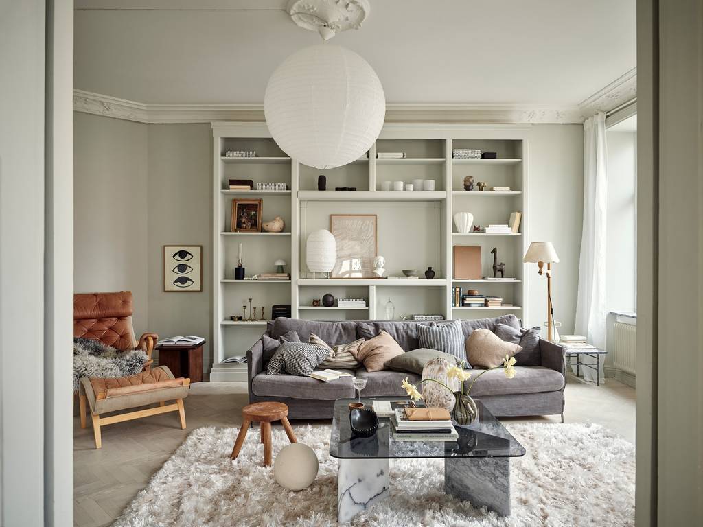 salon avec bibliothèque moulures et rosaces décoration scandinave appartement 80m2