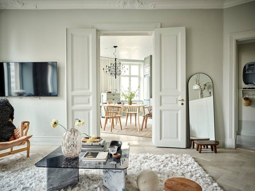salon avec bibliothèque moulures et rosaces décoration scandinave appartement 80m2