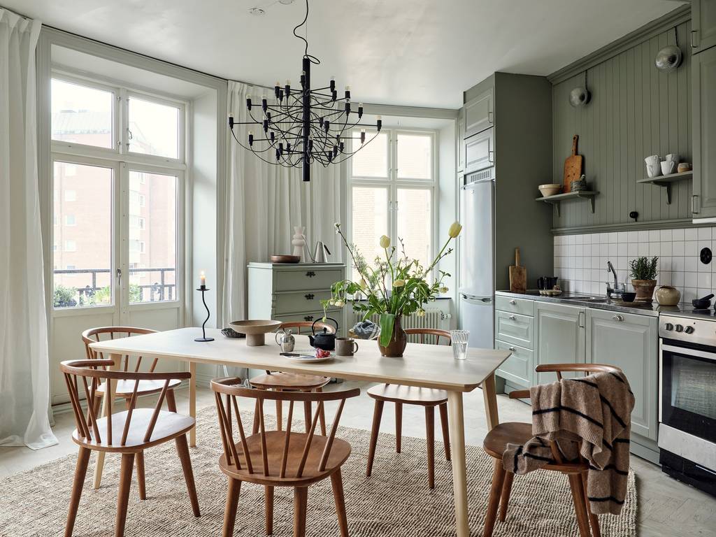 cuisine dinatoire vert sauge décoration scandinave appartement 80m2