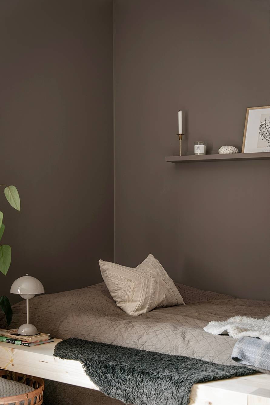 zone chambre studio de 27m2 aux murs couleur Mocha Mousse zone chambre studio de 27m2 aux murs couleur Mocha Mousse