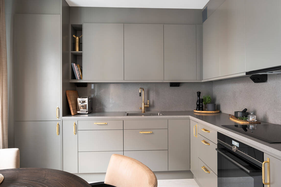 cuisine gris vert décoration contemporaine deux-pièces de 46m2 cuisine gris vert décoration contemporaine deux-pièces de 46m2