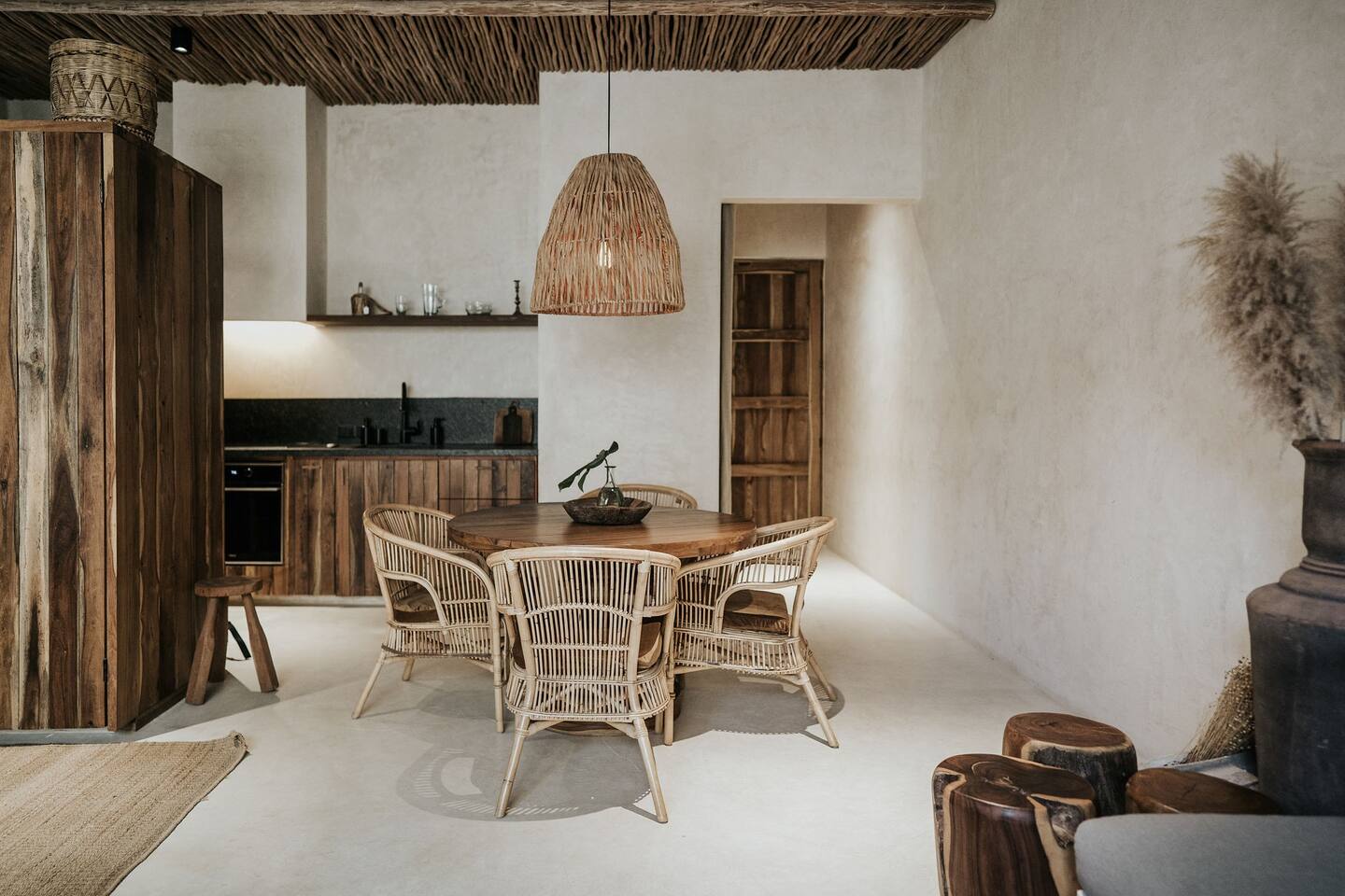 salon et cuisine appartement décoration naturelle avec jardin et piscine à Tulum
