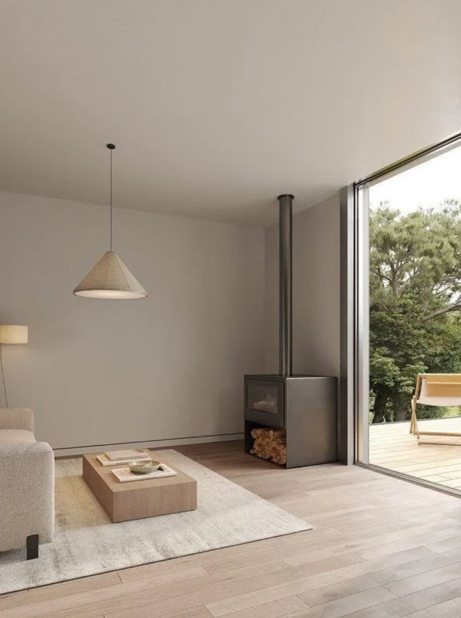 salon avec poêle maison préfabriquée et modulaire 120m2 par Tiny Living salon avec poêle maison préfabriquée et modulaire 120m2 par Tiny Living
