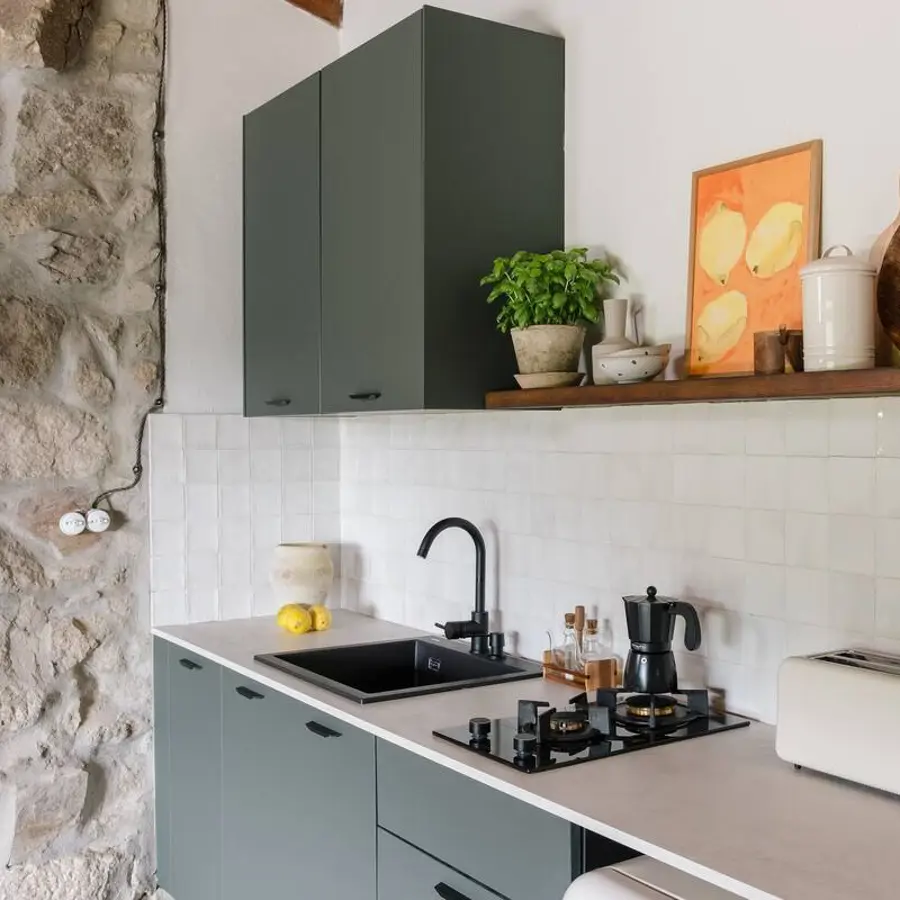 cuisine verte moderne petite maison en pierres de 50m2