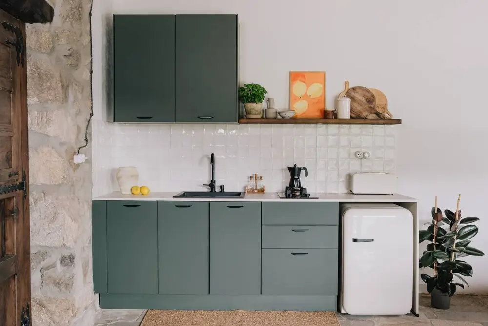 cuisine verte moderne petite maison en pierres de 50m2