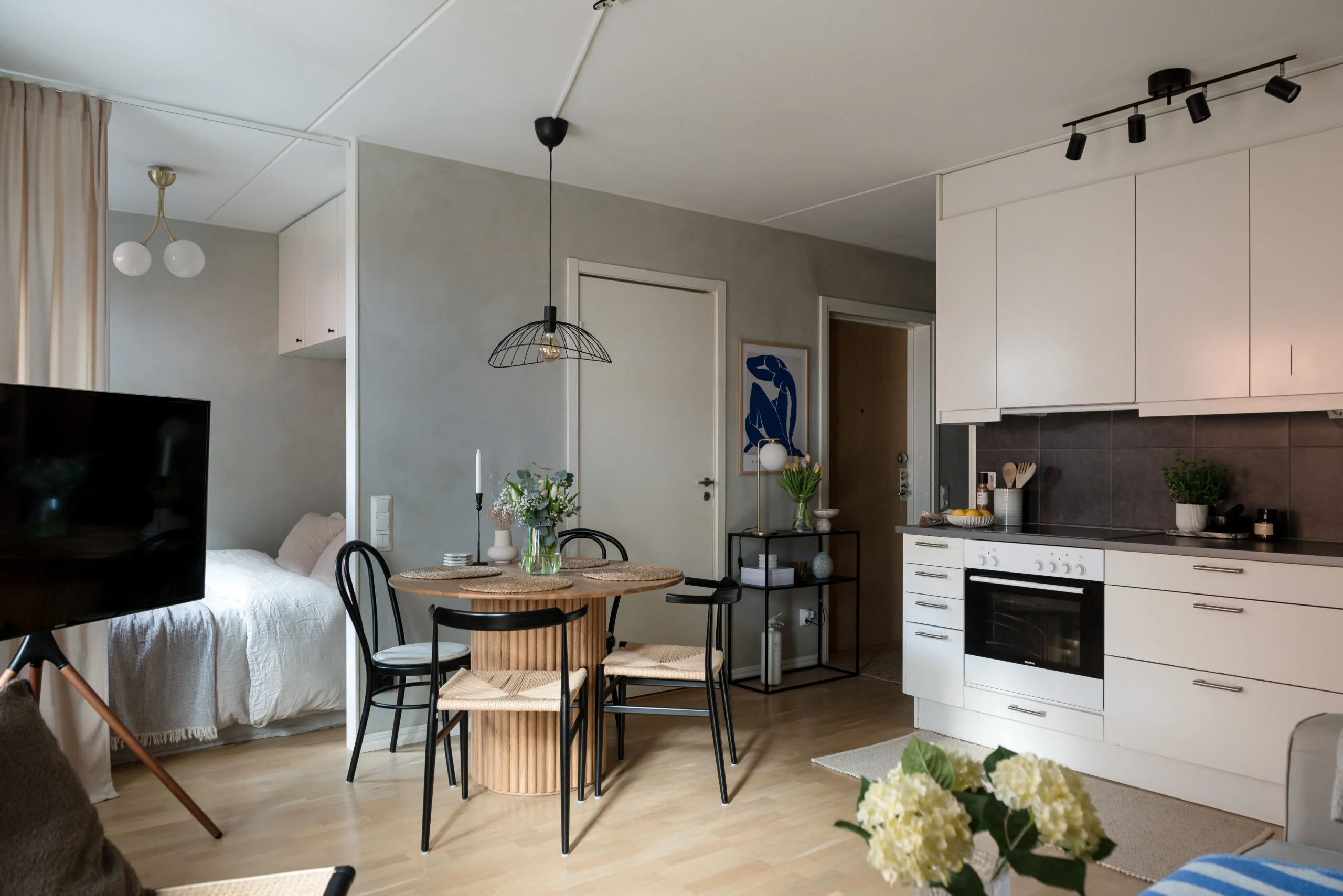 salon avec cuisine ouverte et espace chambre décoration scandinave studio 36m2 salon avec cuisine ouverte et espace chambre décoration scandinave studio 36m2