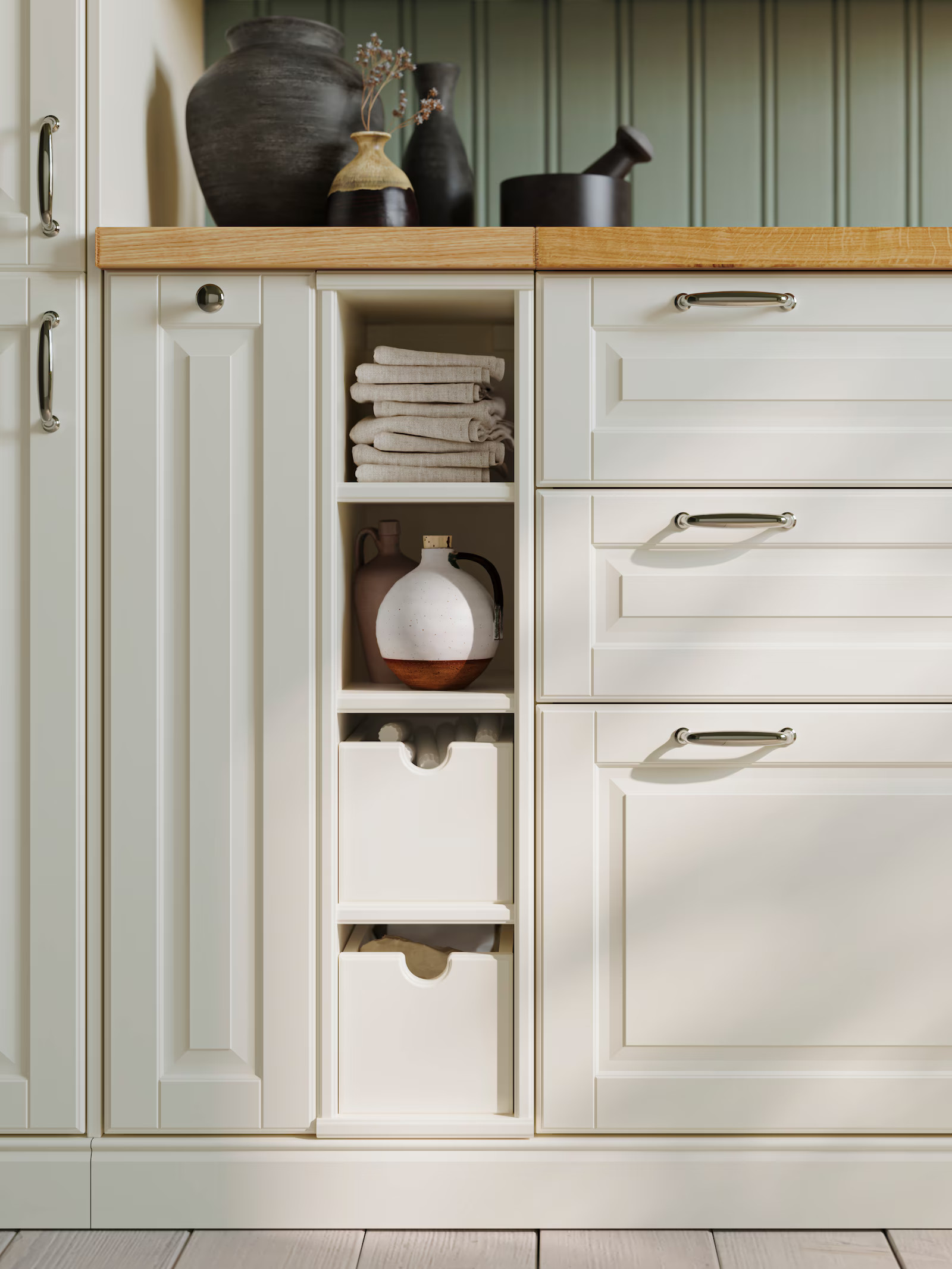 cuisine IKEA 2025 style rustique chic blanc cassé murs vert sauge