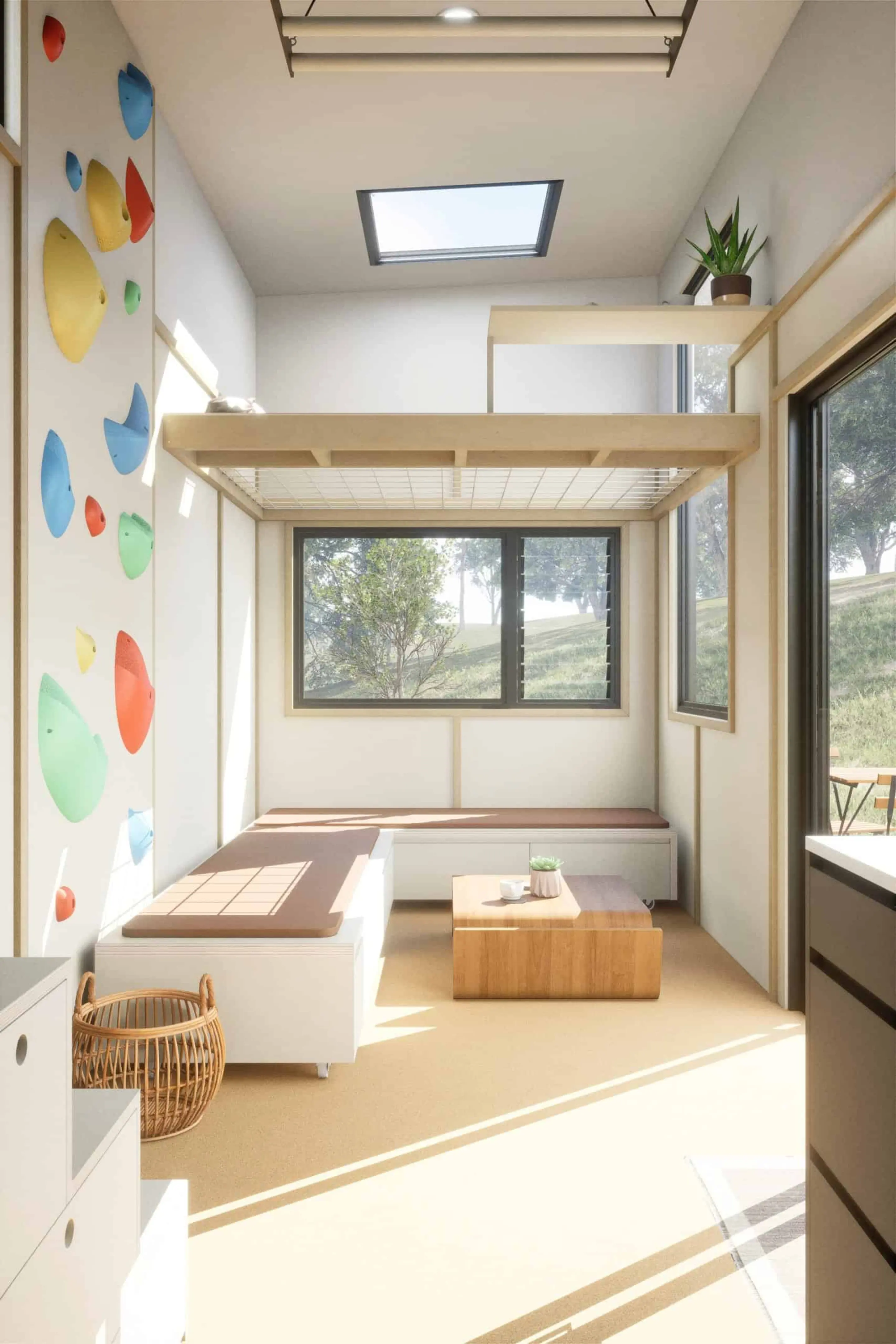 intérieur avec mur d'escalade tiny house 21m2 Funhouse Konpak Tiny Homes