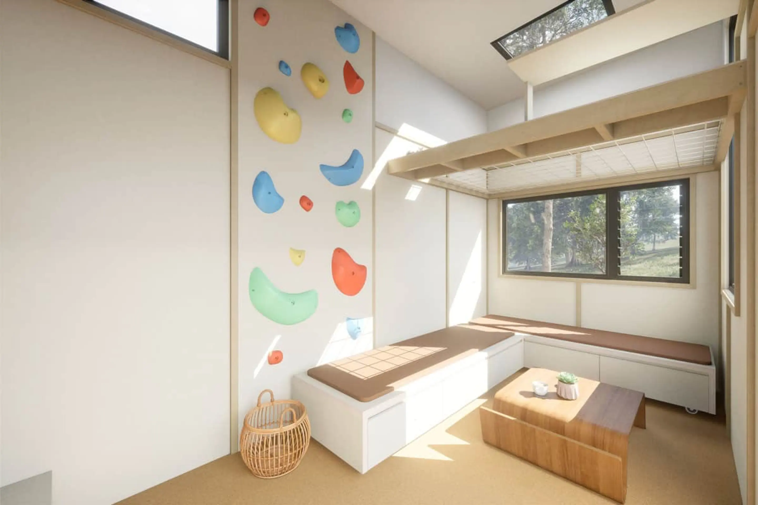 intérieur avec mur d'escalade tiny house 21m2 Funhouse Konpak Tiny Homes
