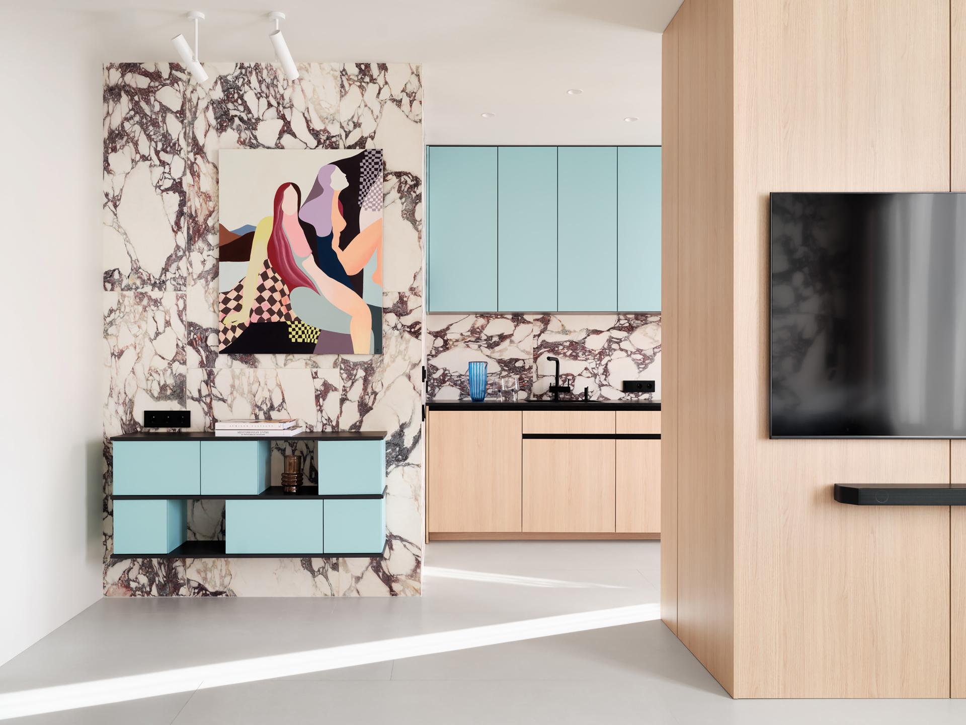 cuisine ouverte bleue décoration design deux-pièces 53m2 cuisine ouverte bleue décoration design deux-pièces 53m2