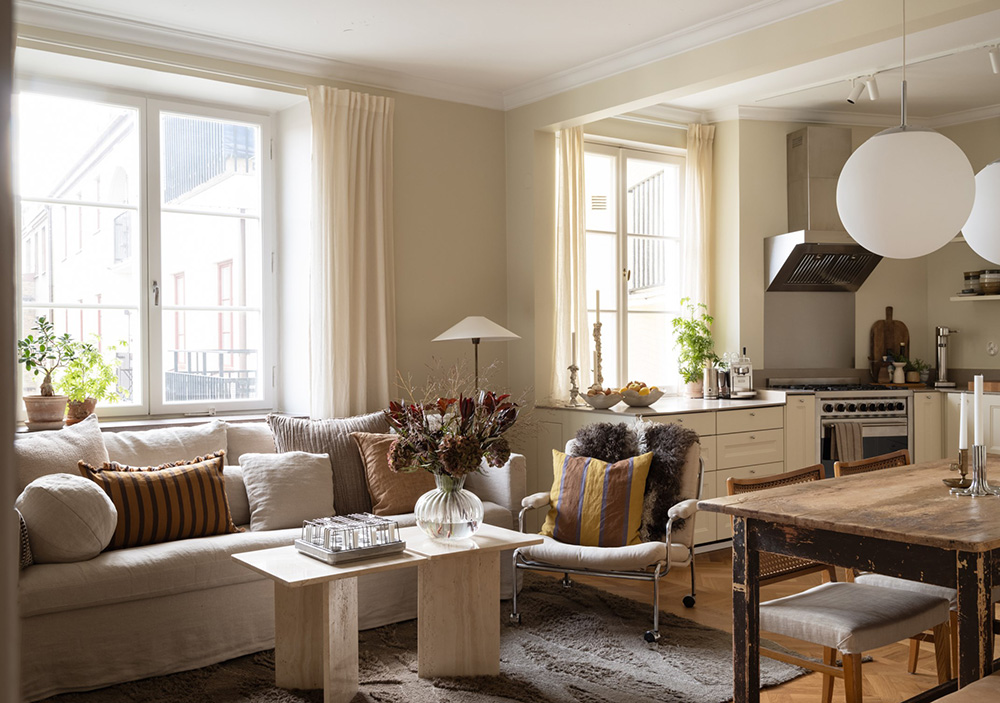 salon et cuisine ouverte décoration scandinave appartement 62m2