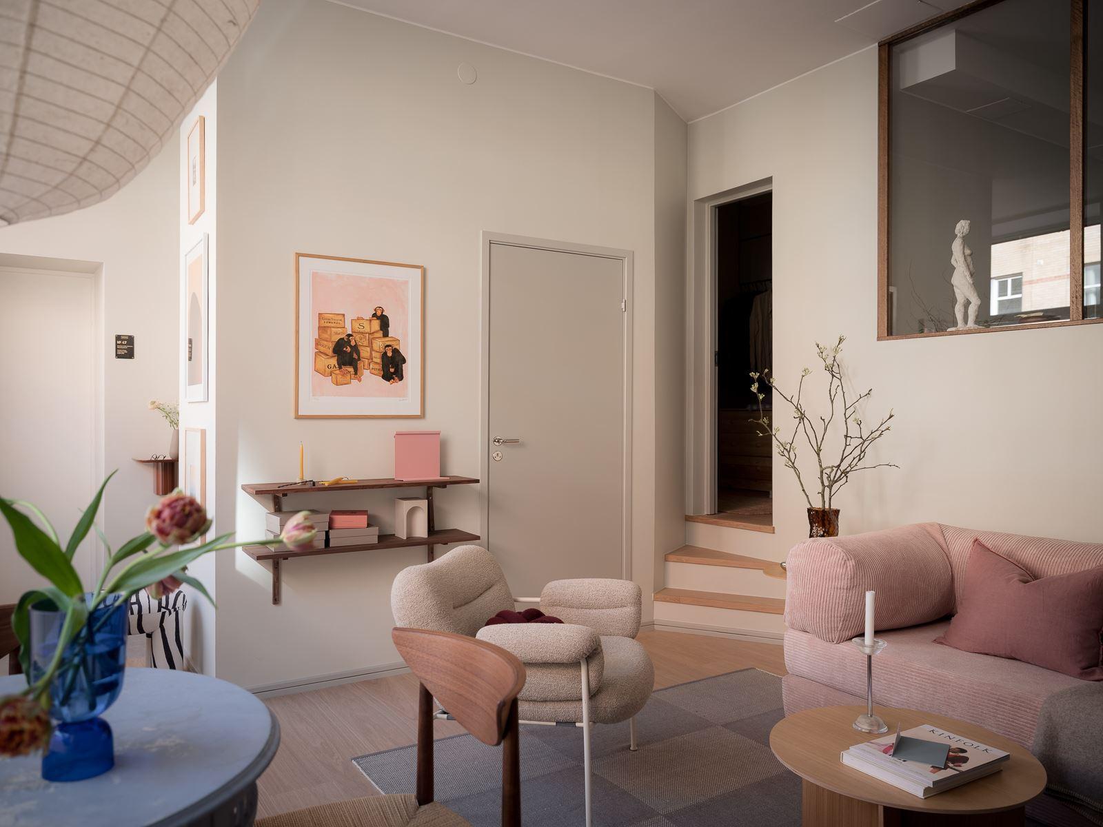 salon canapé rose décoration scandinave deux-pièces de 43m2