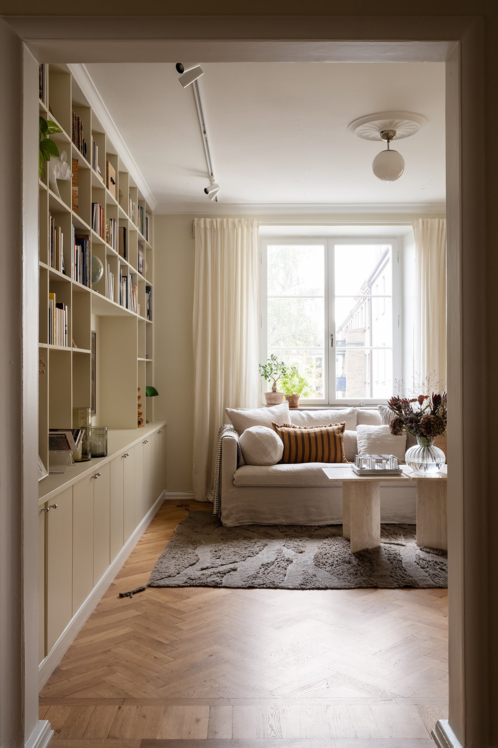 salon avec grande bibliothèque décoration scandinave appartement 62m2
