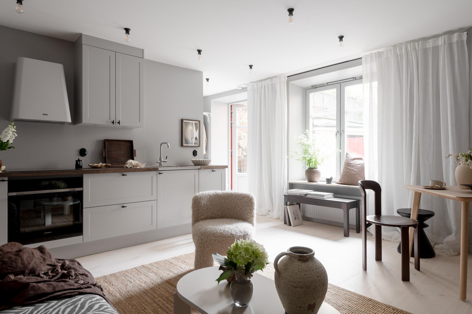 cuisine ouverte et salon deux-pièces 44m2 décoration scandinave murs gris