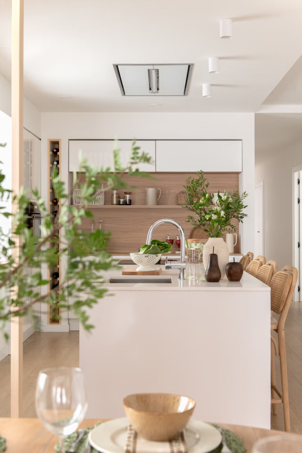 cuisine ouverte blanche avec îlot décoration naturelle