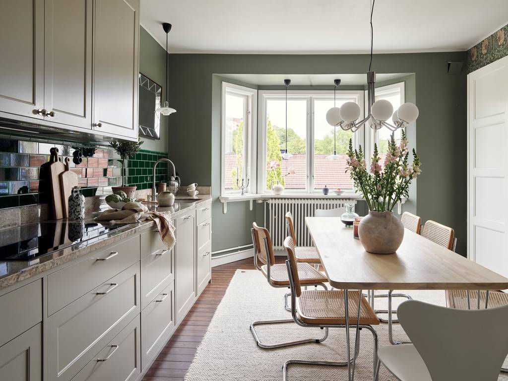 cuisine blanche carrelage vert décoration scandinave