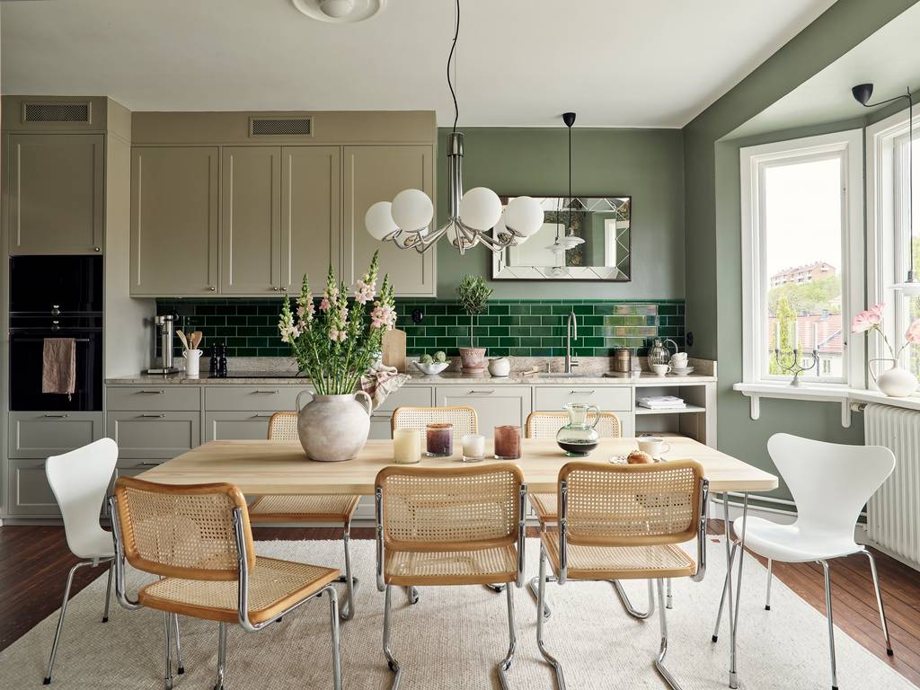 cuisine blanche carrelage vert décoration scandinave