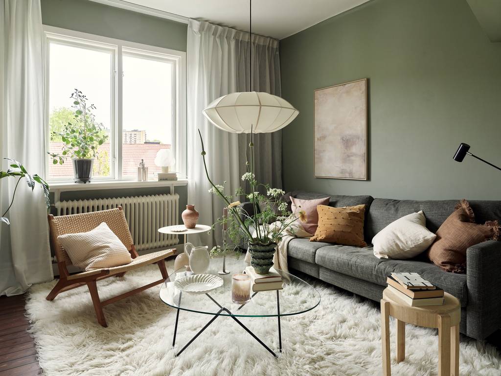 salon mur vert décoration scandinave