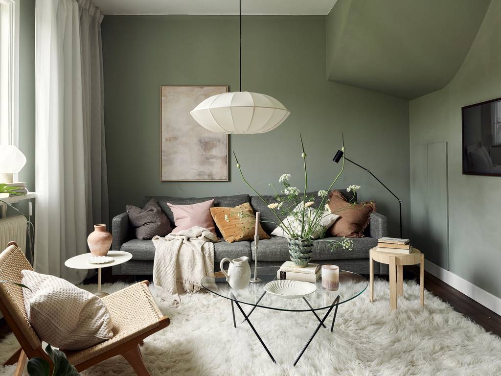 salon murs verts décoration scandinave