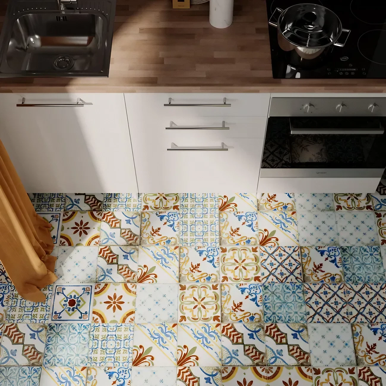 cuisine sol carreaux de ciment polychromes