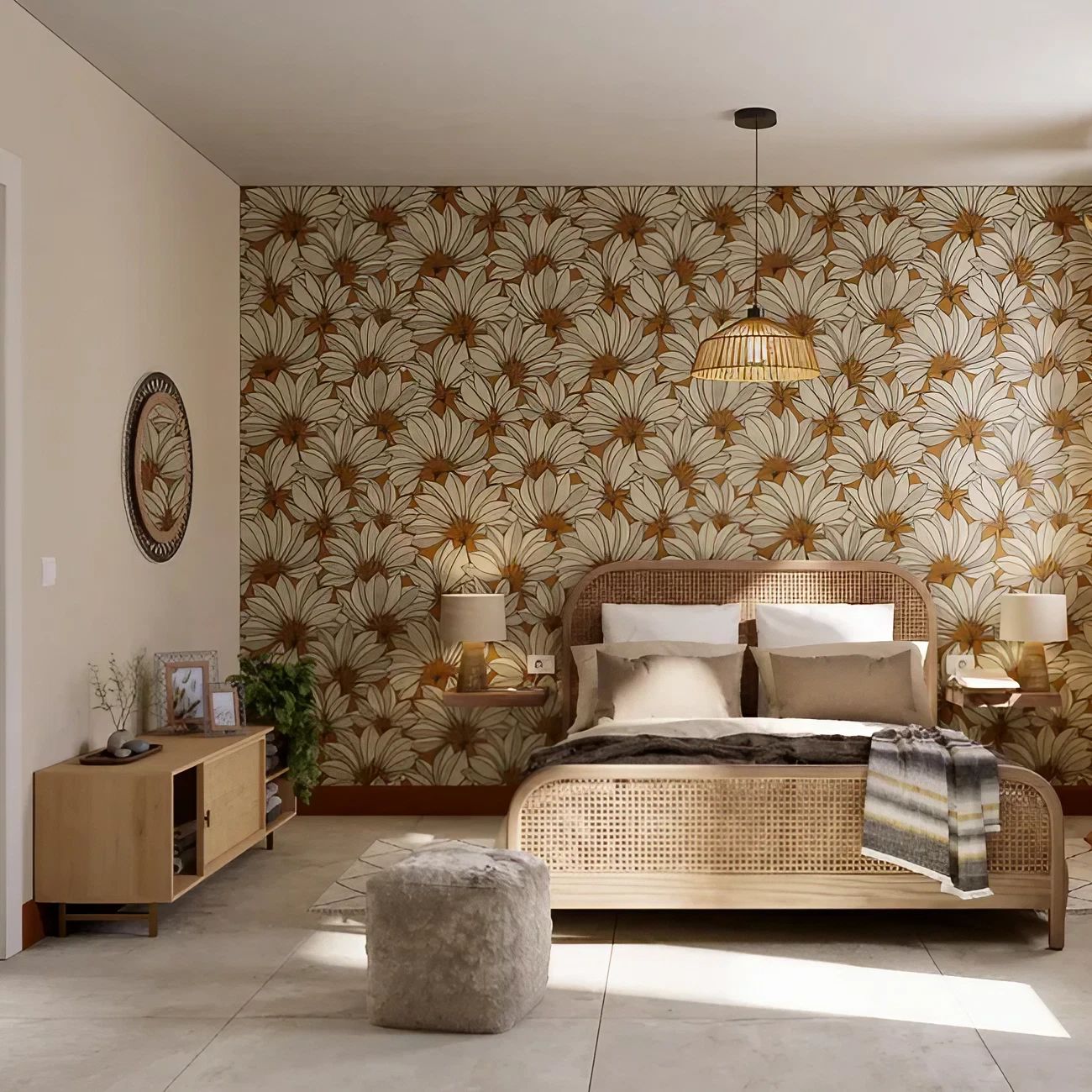 chambre décoration matériaux naturels papier-peint marguerites