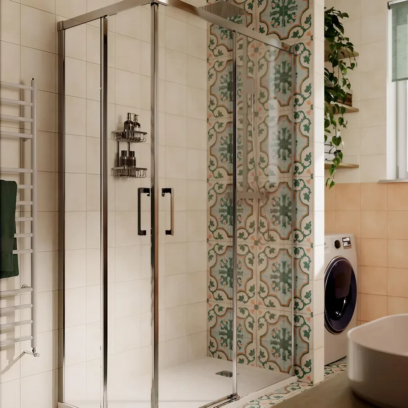 salle de bain sol carreaux de ciments polychromes avec espace buanderie