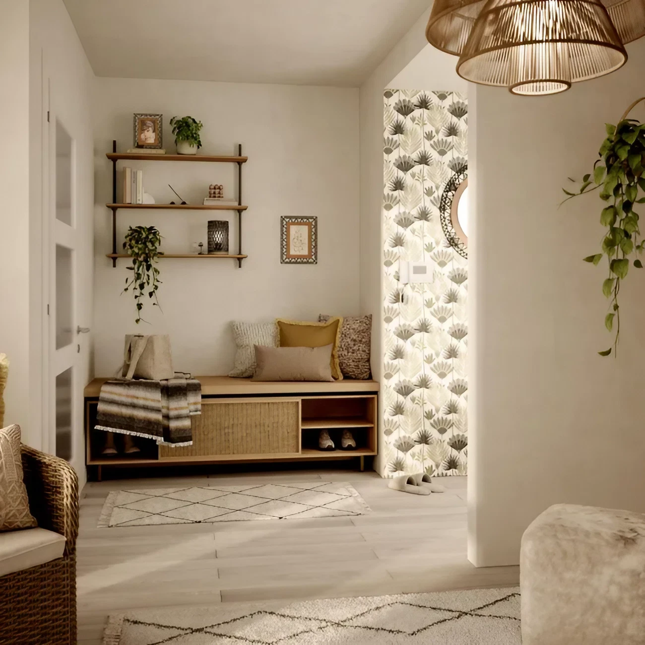 entrée avec banc et papier-peint décoration naturelle