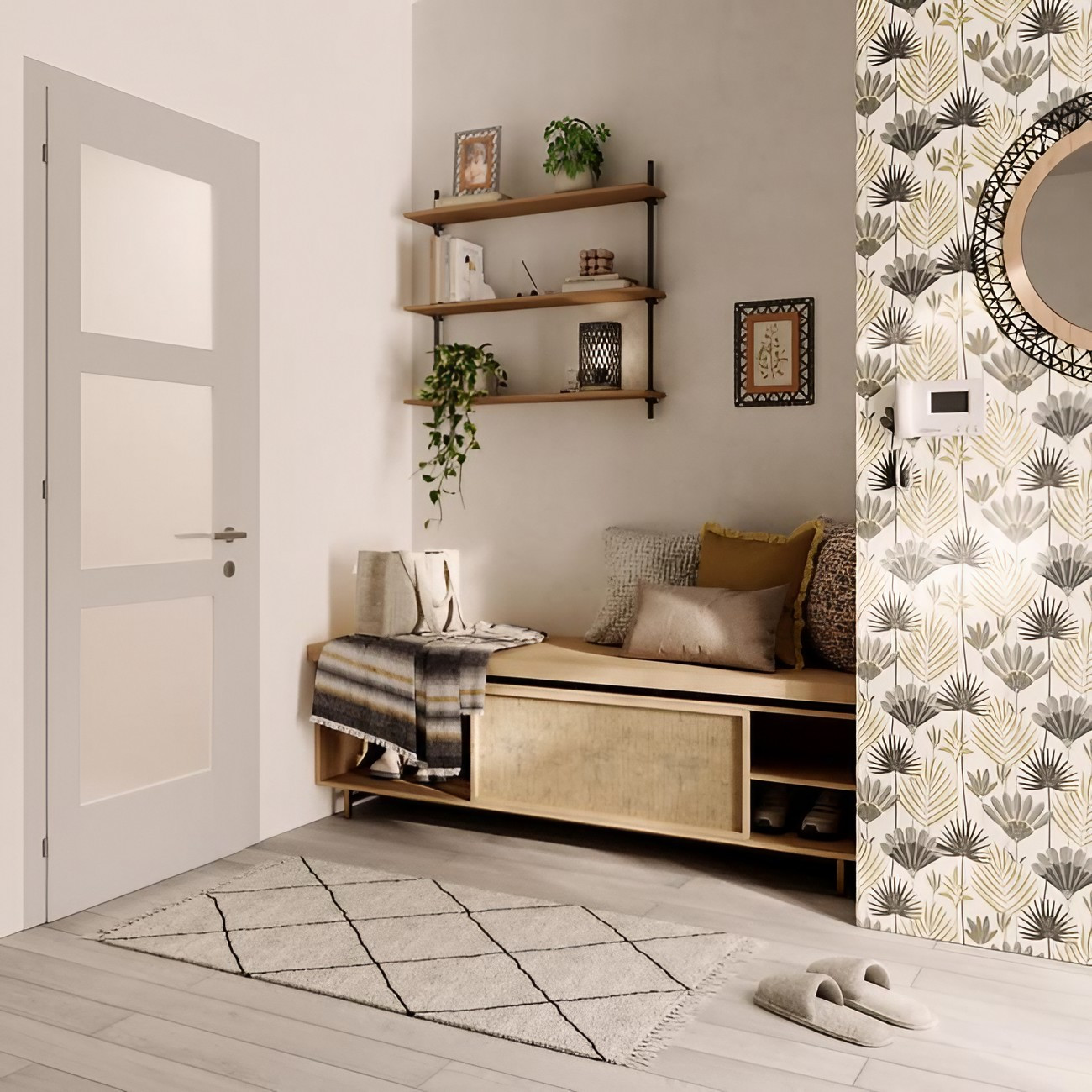 entrée avec banc et papier-peint décoration naturelle