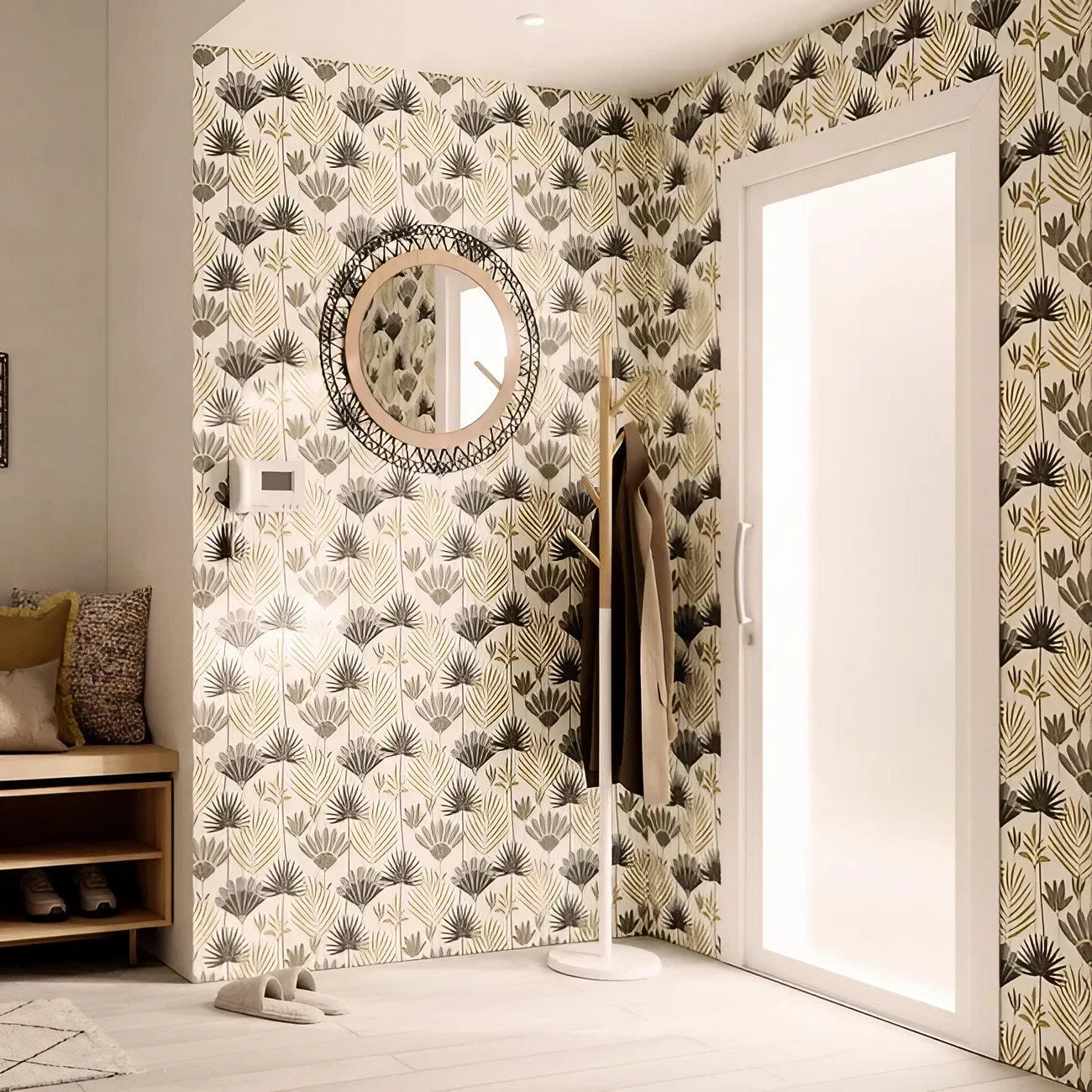 entrée avec banc et papier-peint décoration naturelle