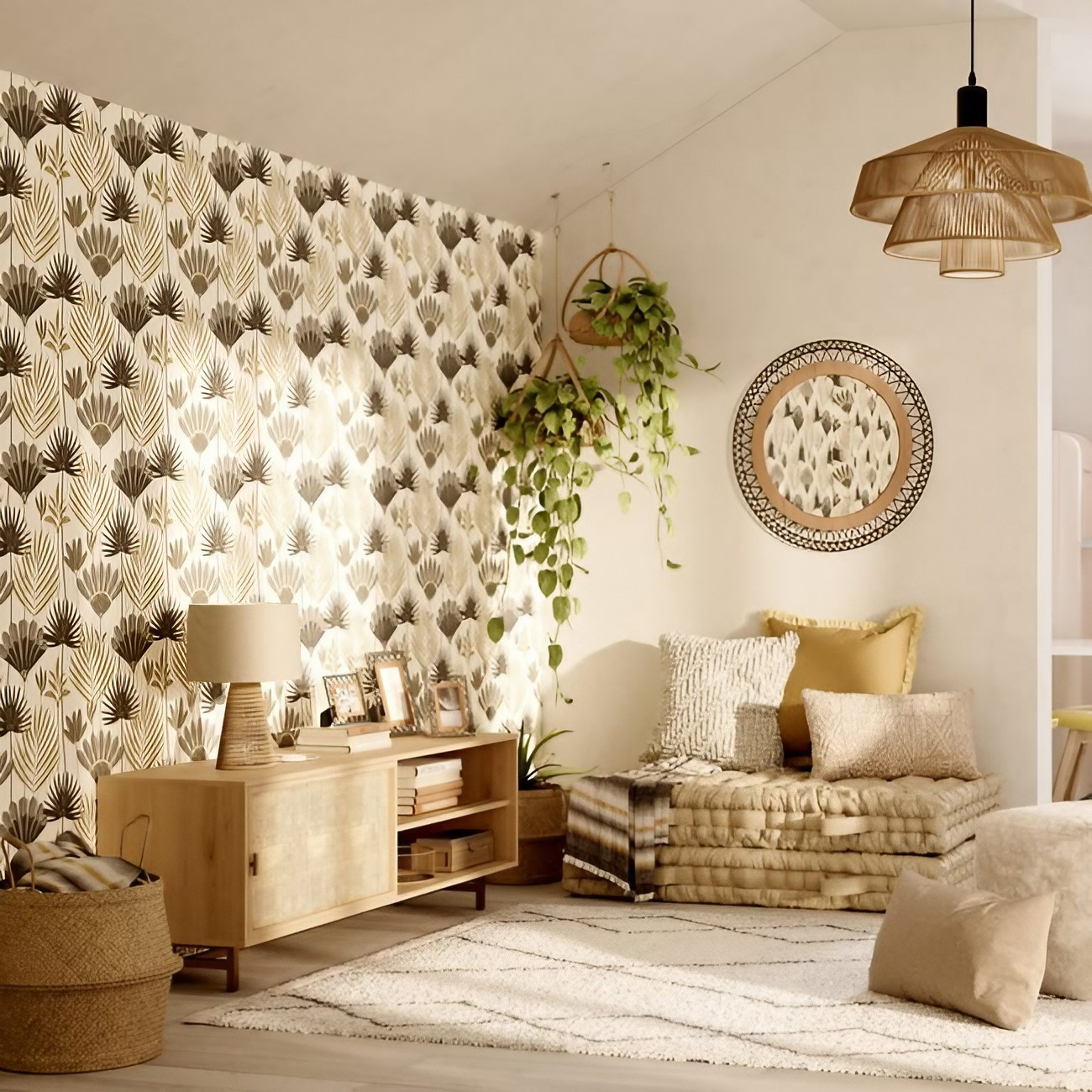salon avec papier-peint décoration naturelle 