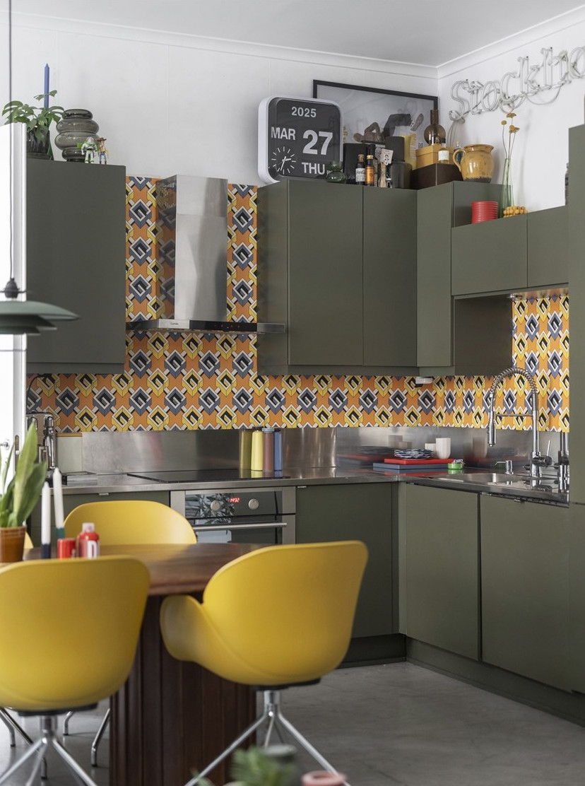 cuisine kaki carrelage vintage appartement 59m2
