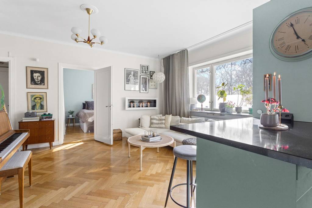 salon avec cuisine ouverte verte appartement 53m2