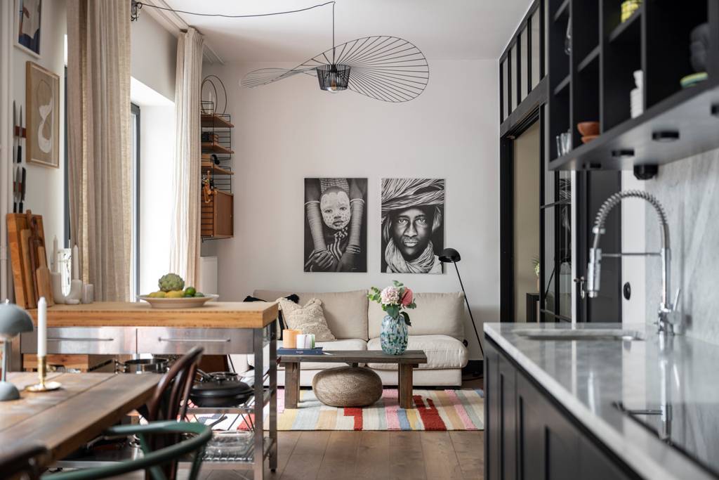 cuisine ouverte et salon deux-pièces 48m2 style mini loft