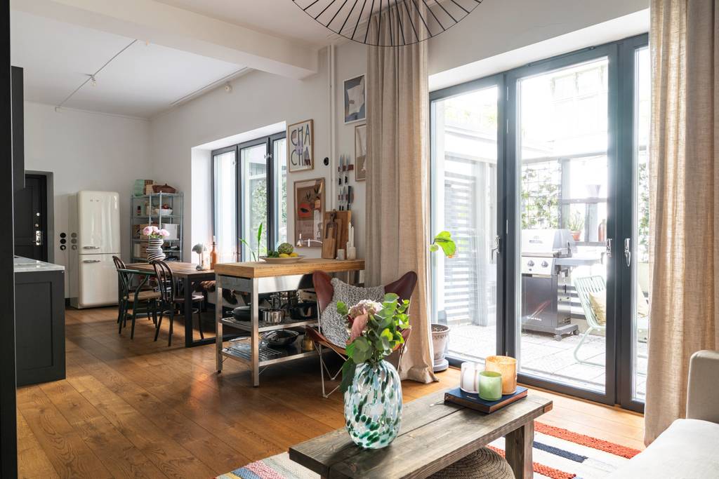 cuisine ouverte et salon deux-pièces 48m2 style mini loft