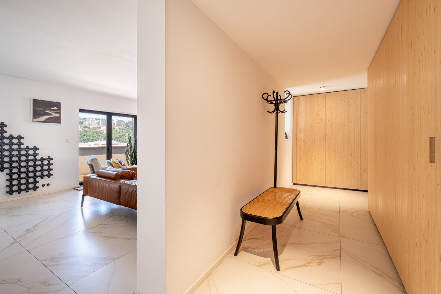 entrée avec banc appartement avec terrasse Lyon Confluence