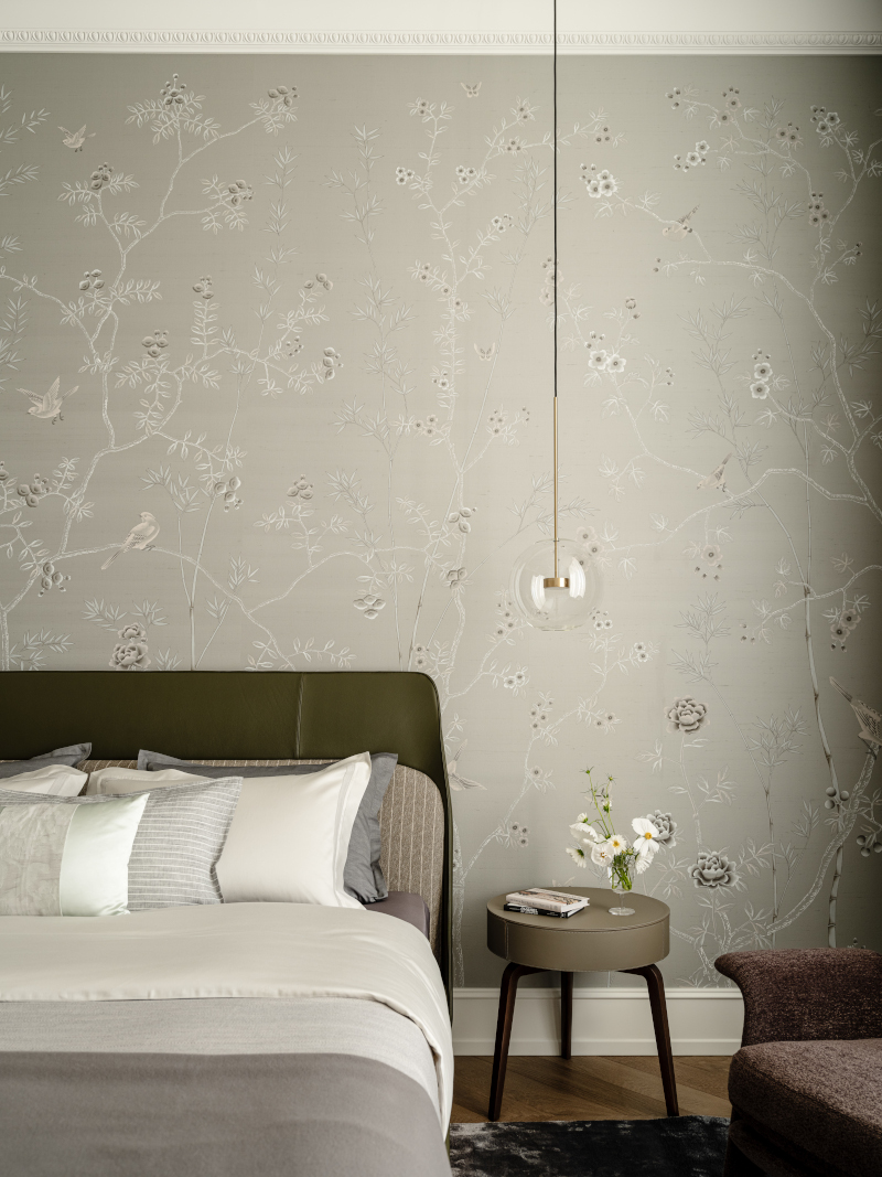 chambre décoration contemporaine avec papier-peint fleurs stylisées
