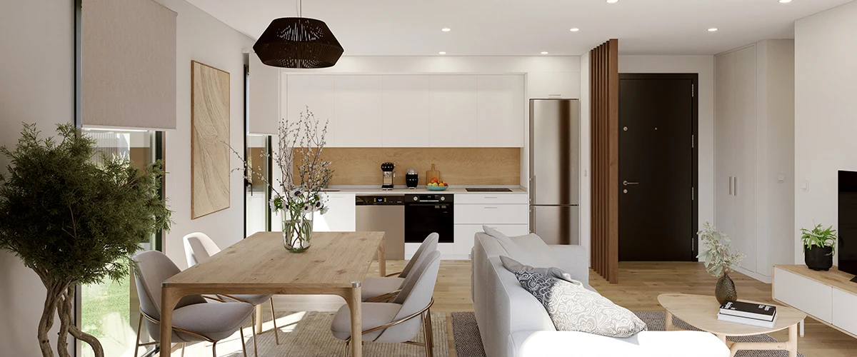 cuisine ouverte et salon salon décoration contemporaine maison préfabriquée de 73m2 Zero Housing cuisine ouverte et salon salon décoration contemporaine maison préfabriquée de 73m2 Zero Housing