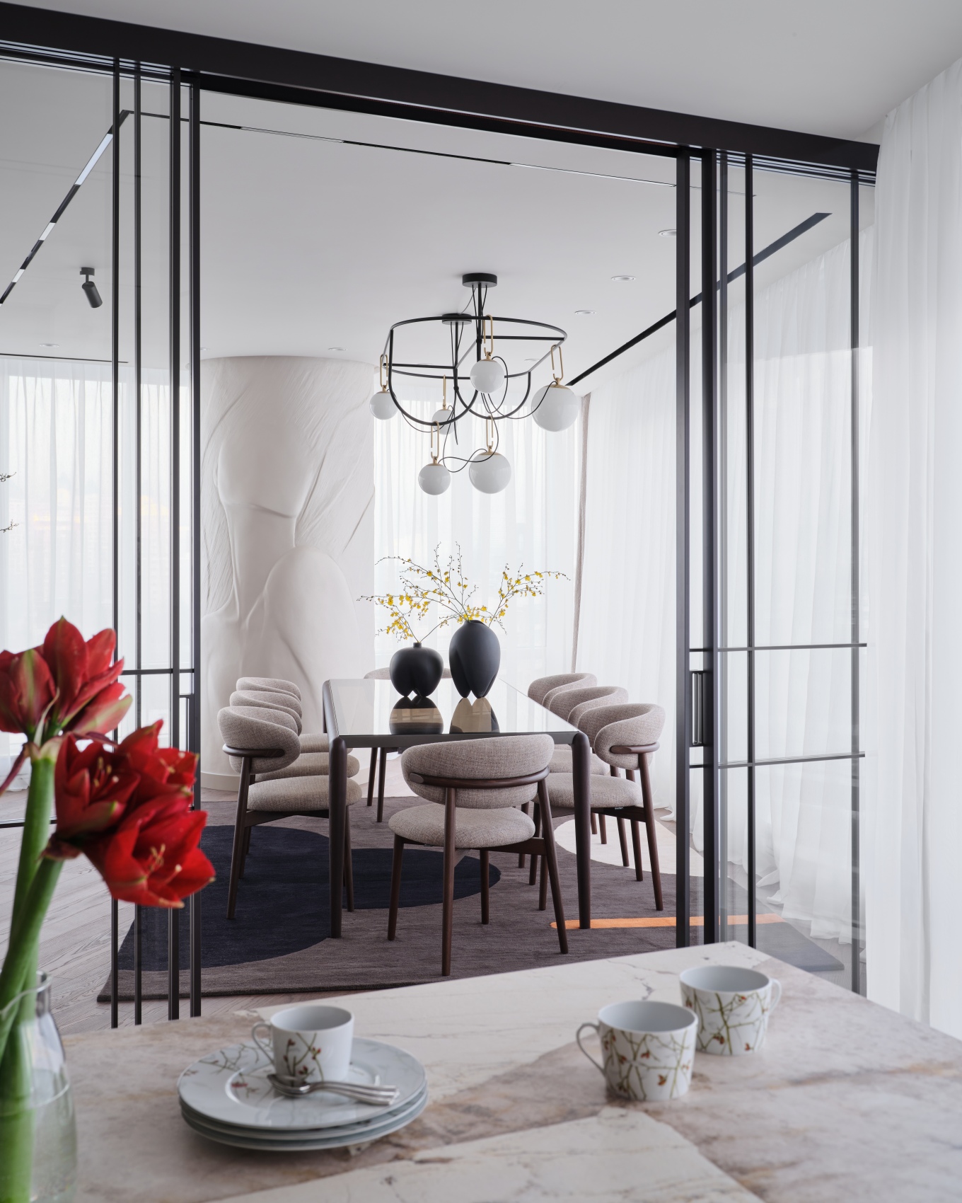 cuisine avec verrière et salle à manger décoration design blanche et beige cuisine avec verrière et salle à manger décoration design blanche et beige
