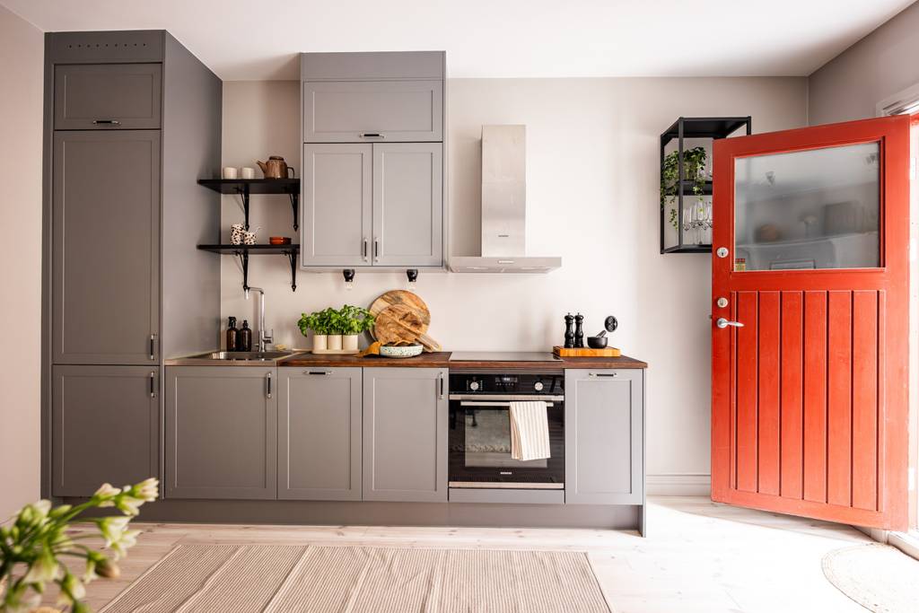 cuisine ouverte grise décoration scandinave deux-pièces 40m2