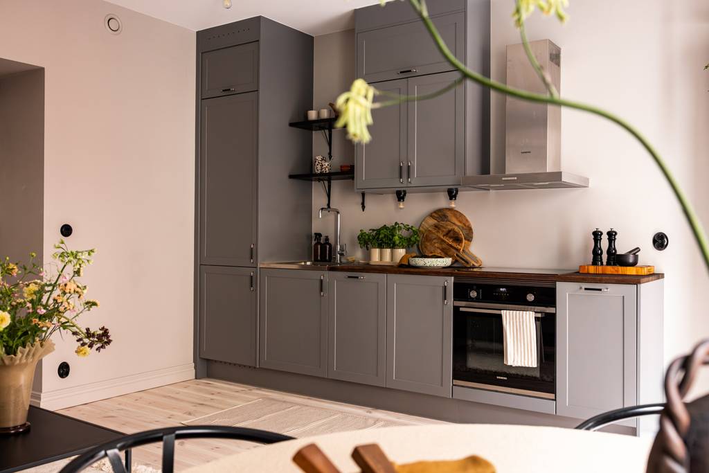 cuisine ouverte grise décoration scandinave deux-pièces 40m2