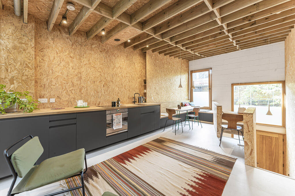 salon et cuisine ouverte grise design murs OSB petite maison 51m2 salon et cuisine ouverte grise design murs OSB petite maison 51m2