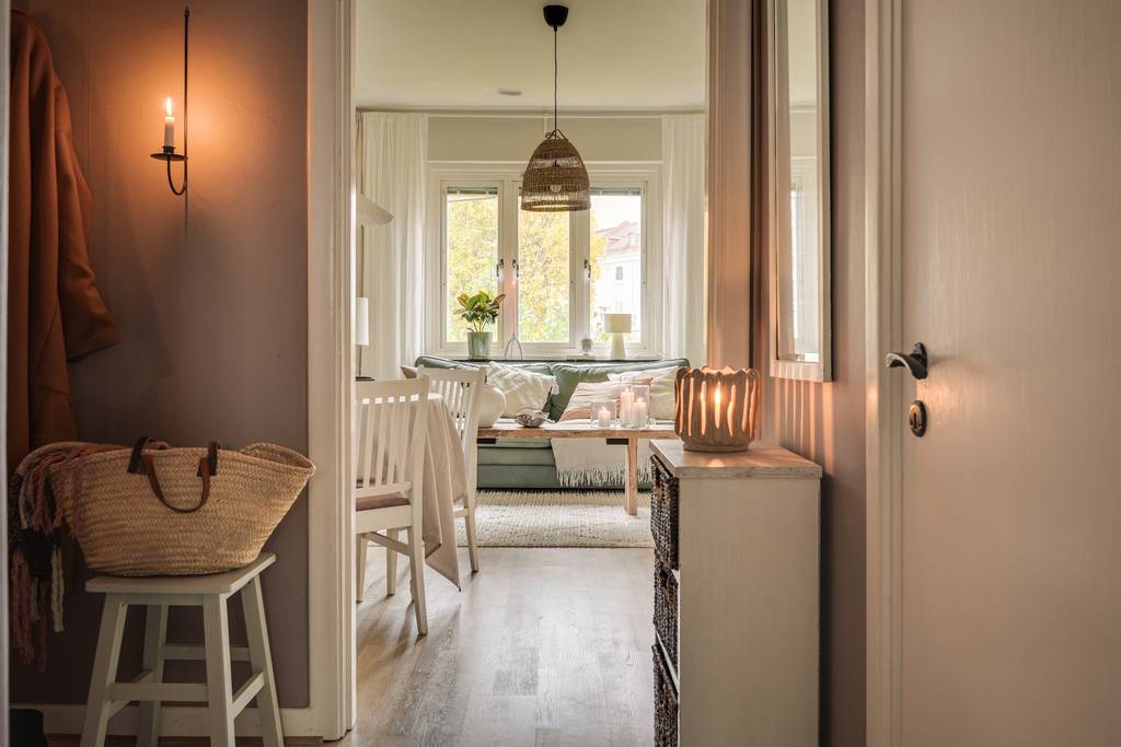 entrée sur salon décoration verte et beige deux-pièces de 50m2