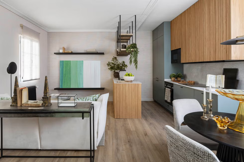 salon avec cuisine ouverte décoration contemporaine petit appartement de 35m2