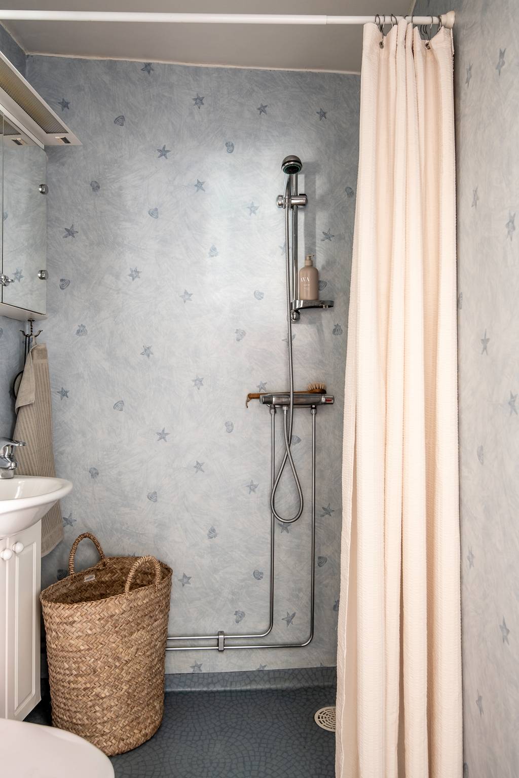 salle de bain murs papier-peint bleu
