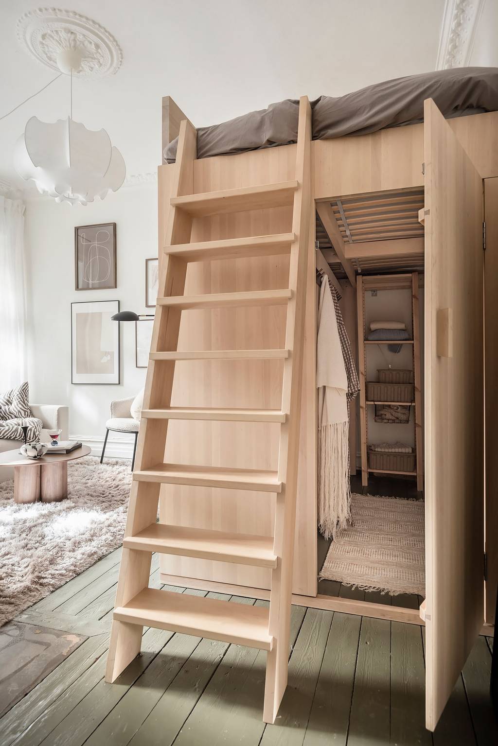 salon studio 35m2 décoration naturelle et scandinave avec lit mezzanine