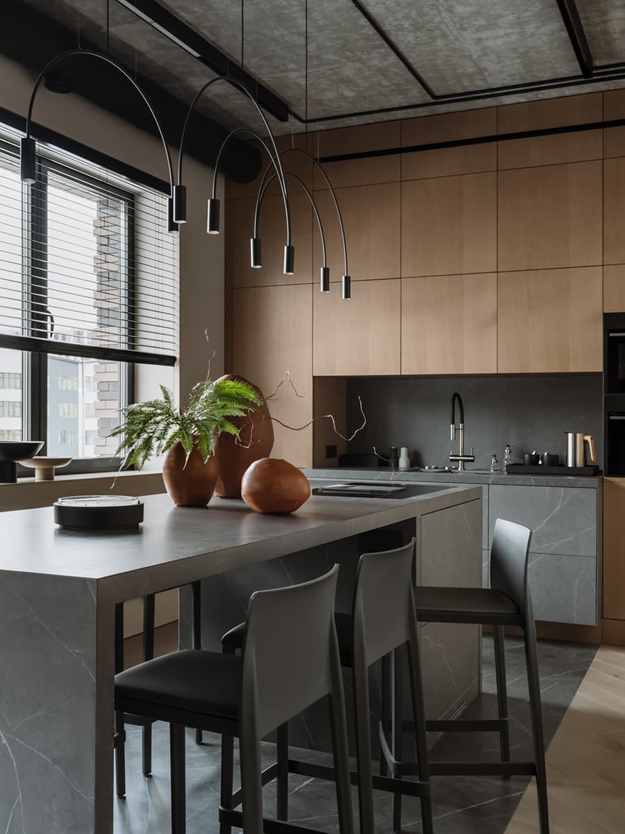 cuisine avec îlot marbre gris et placards bois décoration design cuisine avec îlot marbre gris et placards bois décoration design