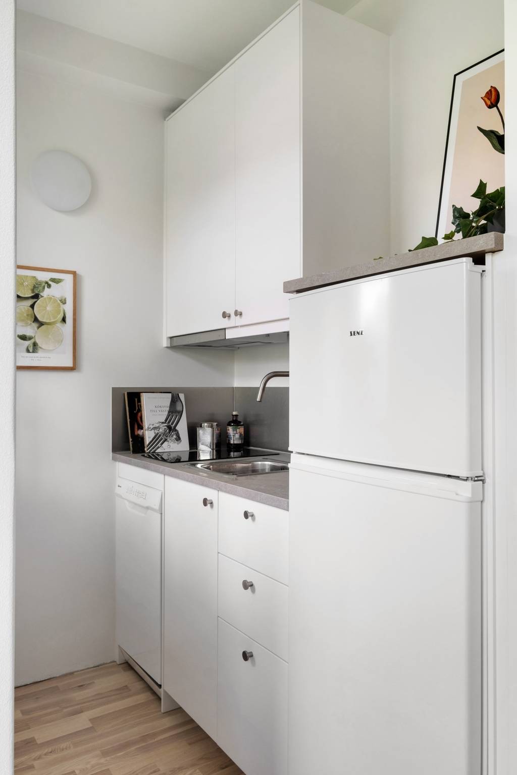 cuisine blanche studio 24m2 avec alcôve pour le lit décoration scandinave et féminine