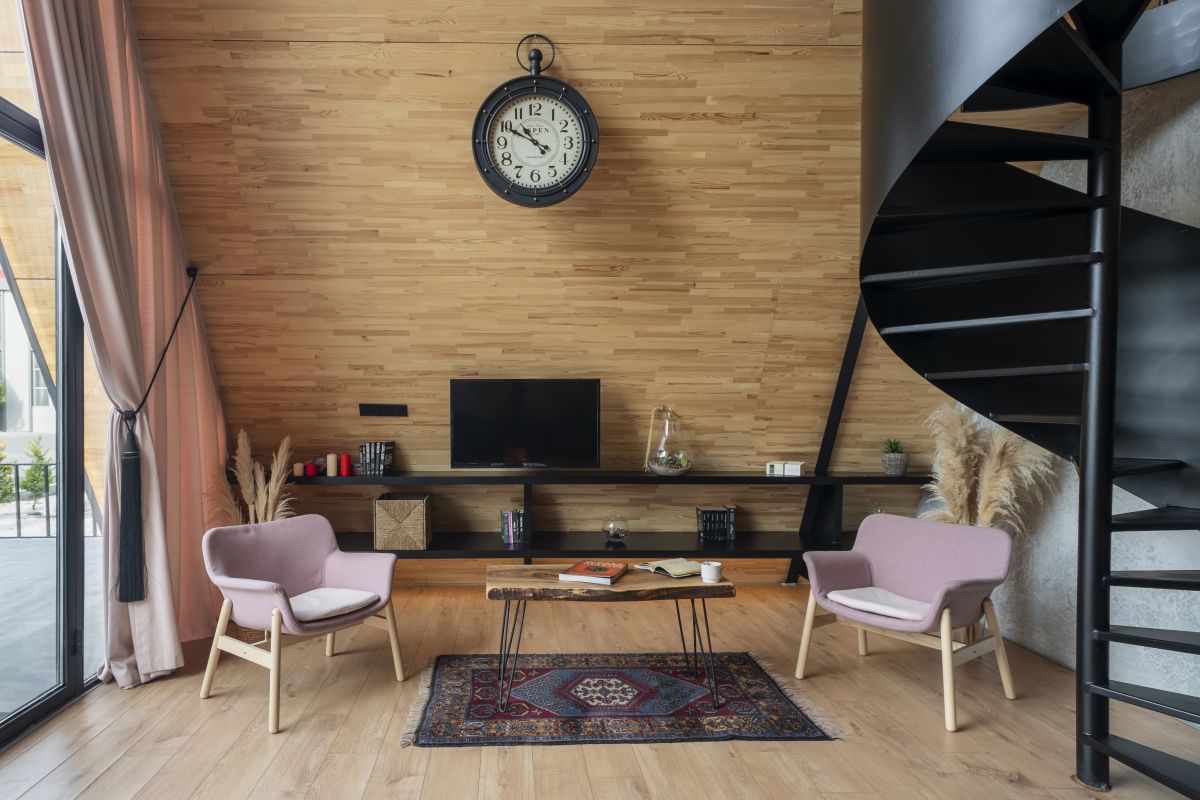 salon double hauteur maison A-Frame 82m2 décoration contemporaine