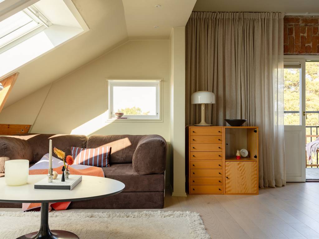 salon avec velux trois-pièces mansardé 68m2 décoration scandinave