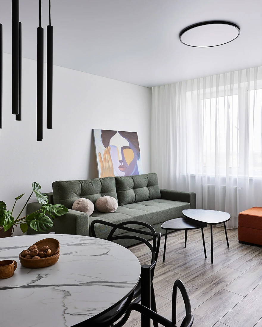 salon canapé vert et salle à manger design deux-pièces 51m2